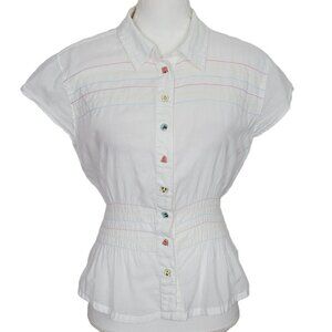 Vintage ROCAWEAR Sheer White Peplum Top Sz XL Spellout Buttons Stripes Ruched